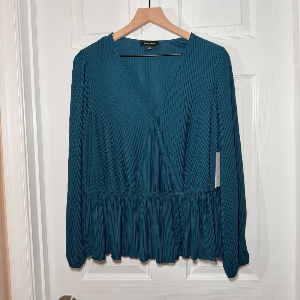 NEW Calligraphie Womens 1X Teal Blue Plisse Pleated Wrap Peplum Blouse